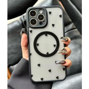 Case for iPhone 13 Pro Max [Compatible with MagSafe] Aesthetic Black Hearts Cute Design for Women Girls | Soft TPU Bumper Hard PC Back Translucent Matte Protective Slim Magnetic Phone Cover