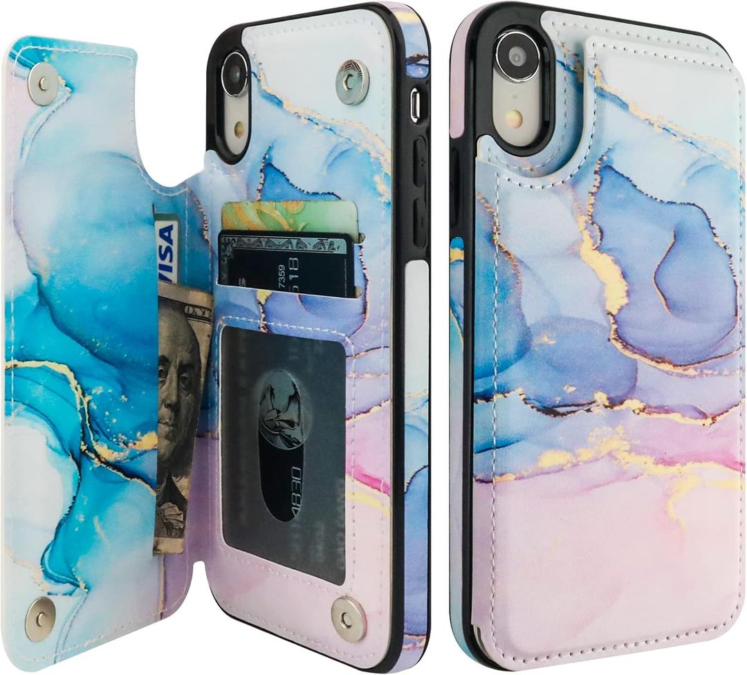 HAOPINSH for iPhone XR Case Wallet with Card Holder, Pink Blue Marble Pattern Back Flip Folio PU Leather Kickstand Card Slots Case for Women Girls, Double Magnetic Clasp Shockproof Cover 6.1"