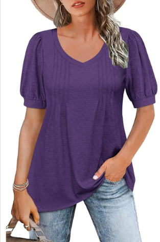Women's Summer T Shirts - Dressy Short Puff Sleeve Tunic Tops Pleated V Neck Tunic Blouse, L