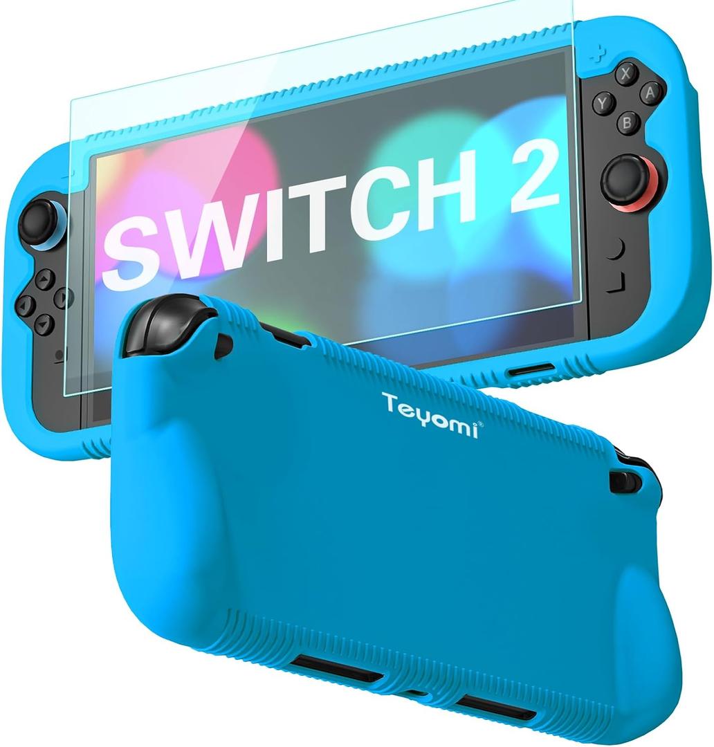 Protective Silicone Case Compatible with Nintendo Switch 2, Shockproof Cover for Nintendo Switch 2 with Tempered Glass Screen Protector,Ergonomic Grip Case for Switch 2,2 Game Card Slots (Blue)