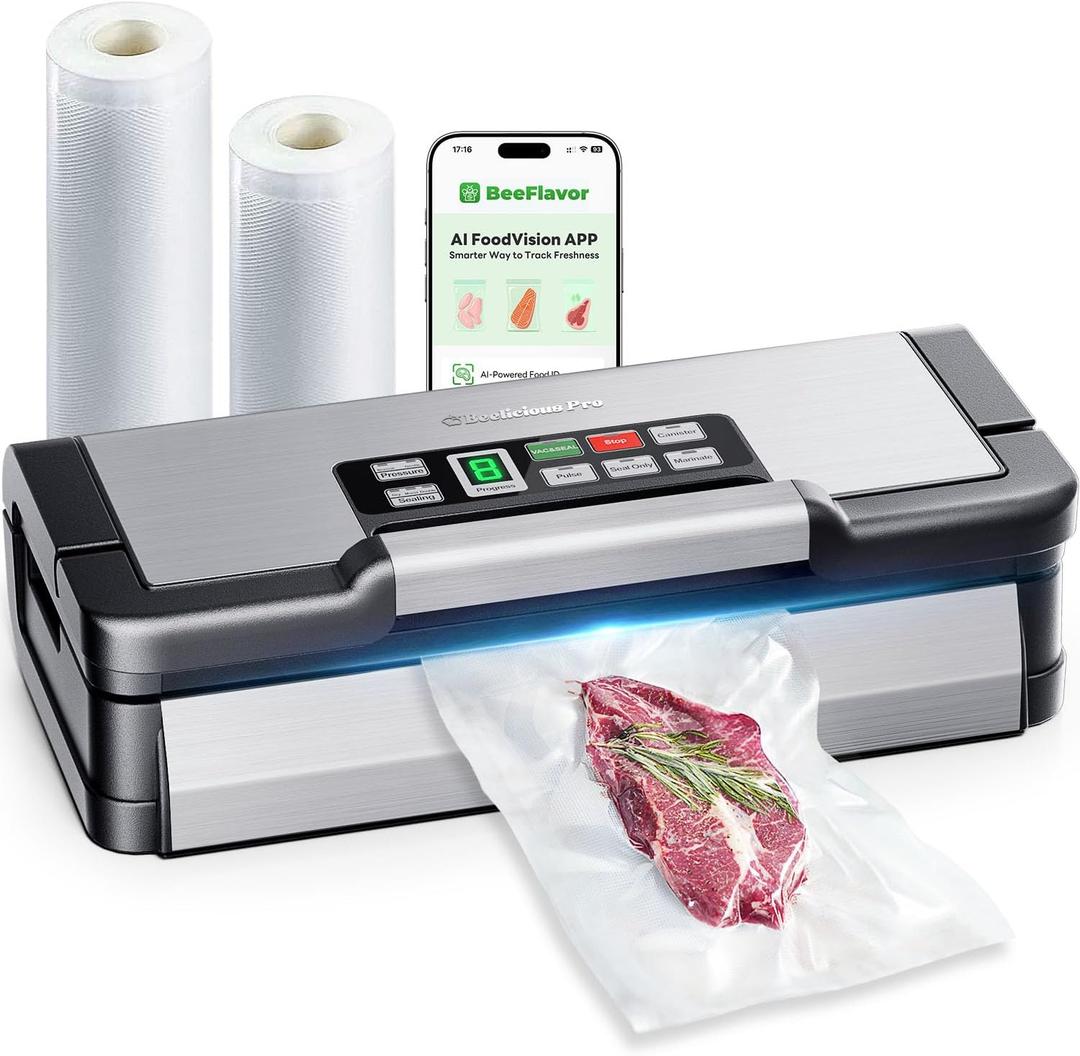 95kPa Vacuum Sealer Machine with AquaLock Technology, for Moist Seals, 2X Seal & 130W, Fully Automatic Food Sealer, Built-In Cutter, Bag Storage & Hose, Precision Sealing, 2 Bag Rolls,Stainless Steel (Silver Grey)