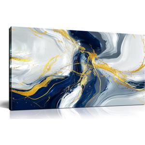 Kepgonegu Large Abstract Wall Art Modern Blue Golden Grey Abstract Picture Large Canvas Prints for Living Room Bedroom Size 30x60