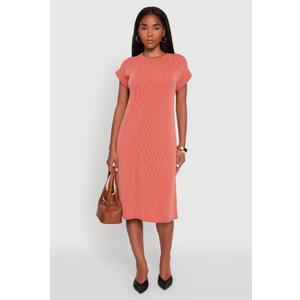Rib Knit Shadow Stripe Fixed Cuff T-Shirt Dress - Rust, Medium