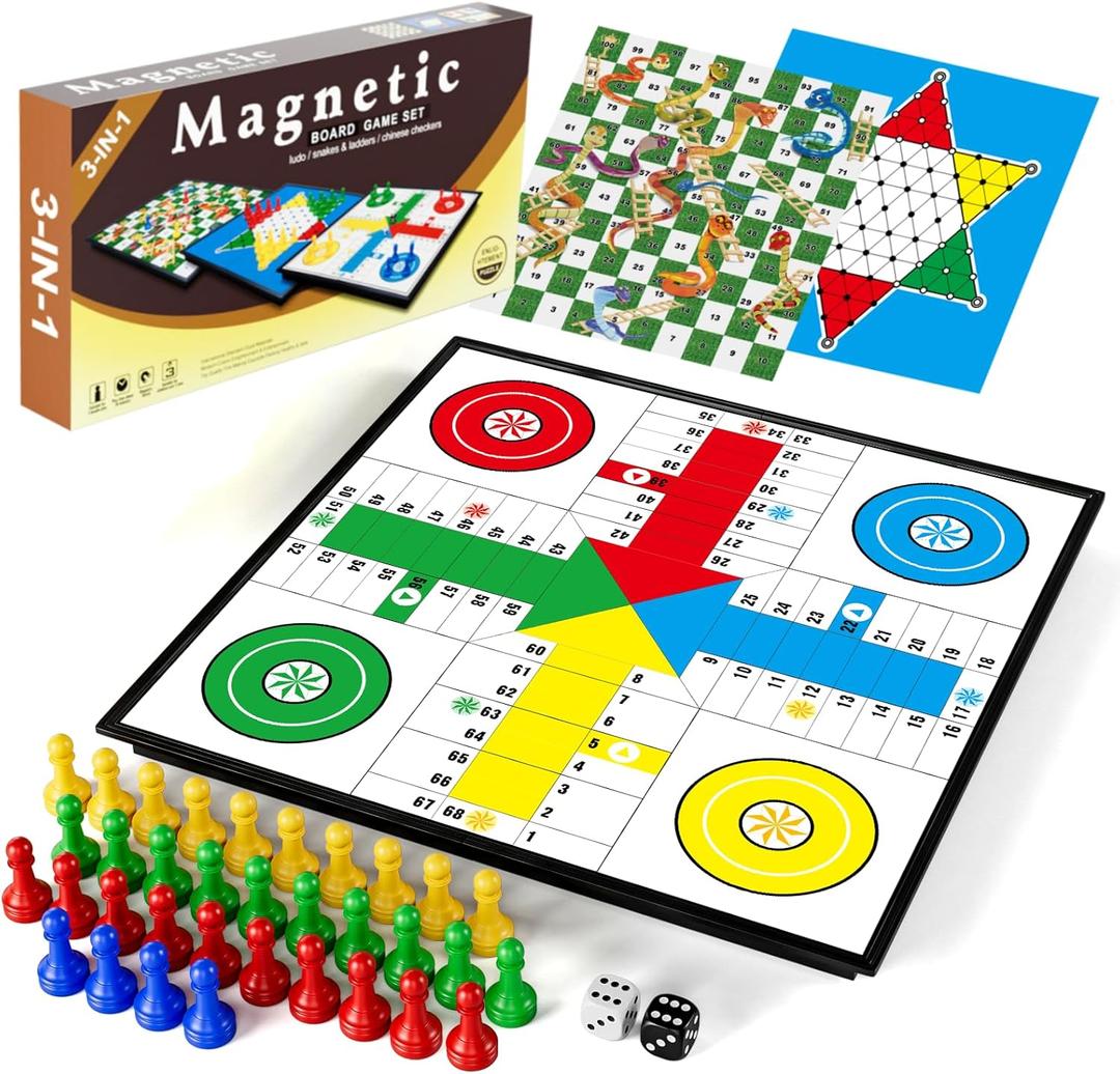 3 in 1 Magnetic Board Games Set for Kids Adults - Classic Travel Game Set with Chinese Checkers, Ludo, Snakes and Ladders, Educational Family Strategy Game with Folding 12.4 Inches Board & Piece