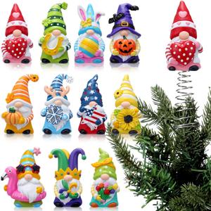 Gejoy 12 Pcs Mini Interchangeable Gnome Tree Topper, Valentine's Day Seasonal Resin Gnome Ornaments 5.1'' Miniature Christmas Tree Toppers for Year Round Gift, Office Home Decor, 1 Spring