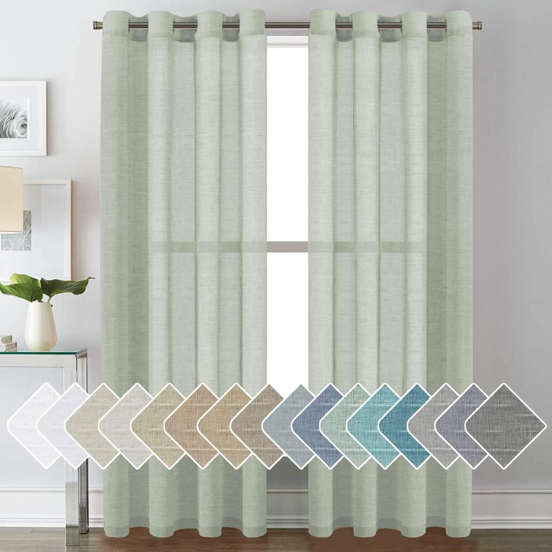 H.VERSAILTEX Linen Curtains Natural Linen Blended Curtain Panels for Living Room/Light Reducing Linen Semi Sheer Curtains 84 inch Length 2 Panels Set Nickel Grommet Window Panels, Sage