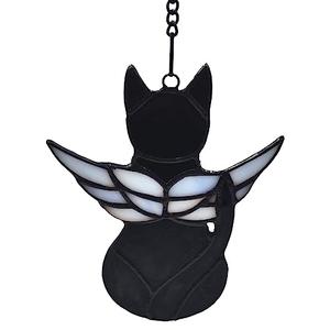 FLUFFYCAPTAIN Handcrafted Stained Glass Black Angel Cat Suncatcher - Pet Memorial Gift with Colorful Wings, Cat Lovers Sympathy Gift, Home Window Decor