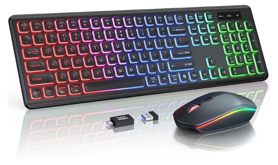 Wireless Keyboard and Mouse Combo, RGB Backlit, Rechargeable & Light Up Letters, Full-Size, Soft Typing, Sleep Mode, 2.4GHz Quiet Keyboard Set for Mac, Windows, Laptop, PC, Trueque (Black)