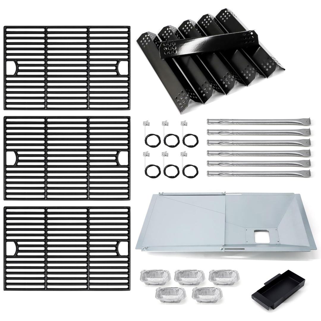 Adviace Replacement Parts for Nexgrill 720-0896B 720-0896 720-0896E 720-0896X, Drip Pan Grease Tray & Grill Grate & Flame Tamer & Burner and Igniter for Nexgrill 6 Burner 720-0896B Gas Grill