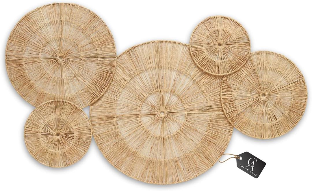 CHI AN 18 Inch Boho Wall Decor  Set of 5 Woven Jute Wall Baskets, Boho Wall Art & Decorative Basket Set, Farmhouse Wall Hanging, Handwoven Wall Plates for Living Room, Bedroom  18", 14", 11", 8", 7"