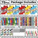 72Pcs Race Car Party Favors Racing Car Birthday Party Supplies Race Car Fuel Can Treat Boxes Key Chains Slap Bracelets Black White Checkered Flag DIY Sticker for Birthday Decorations