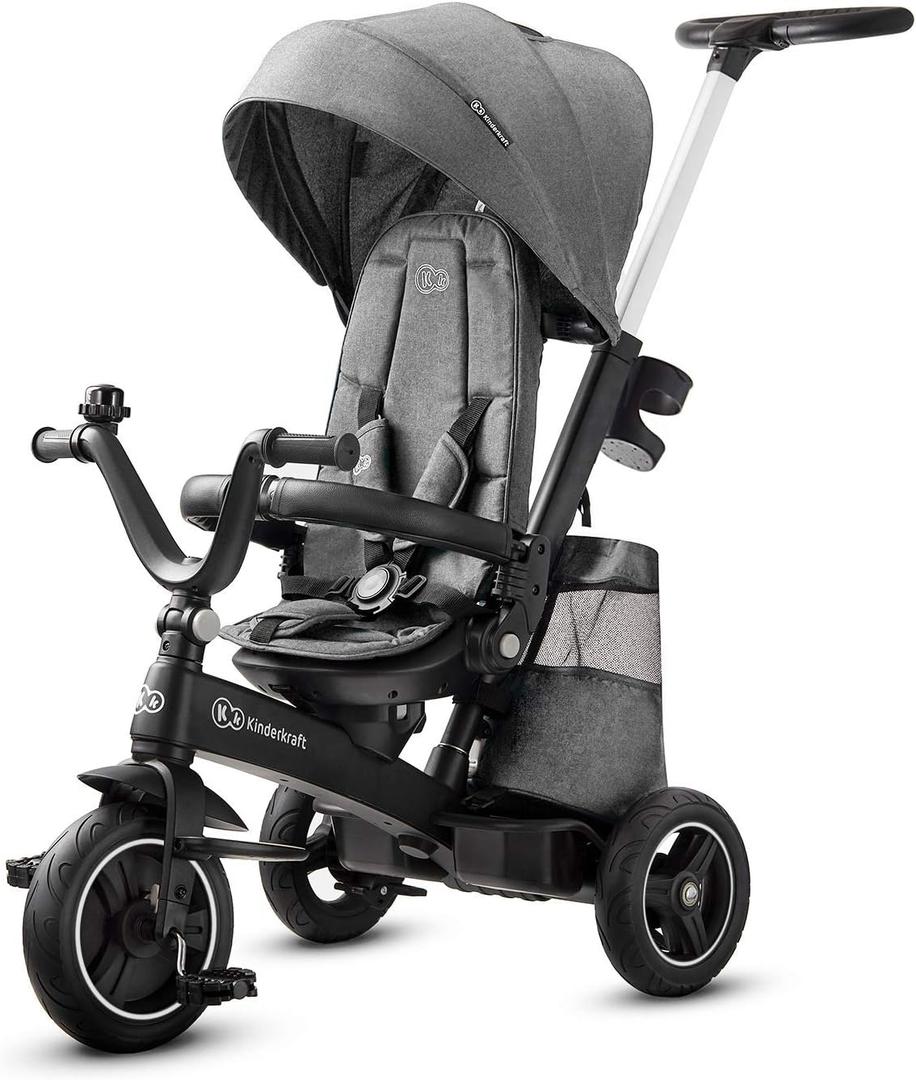 Kinderkraft EASYTWIST Trycicle for Kids Toddlers, Trike 5-in-1, Swivel seat 360 Rotation, Waterproof Material with UPF50+ Filter, Adjustable Parent Handle, Gray, Medium