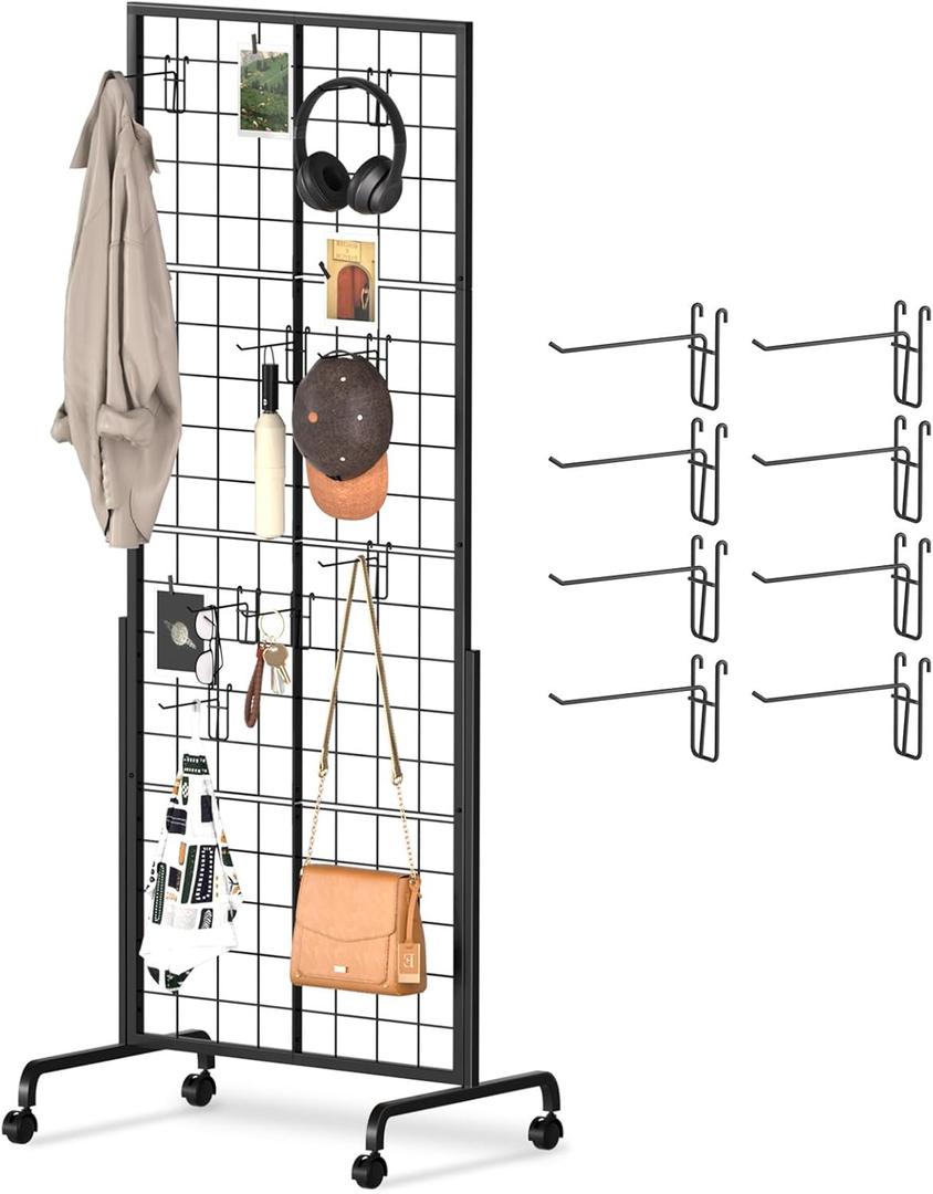 Urban Deco Gridwall Panel Display Stand - Craft Show Display Rack with Extra 8 Hooks, 2' x 5.5' Ft Black Metal Grids Standing Wire Rack for Retail Art Fair - 1 Set