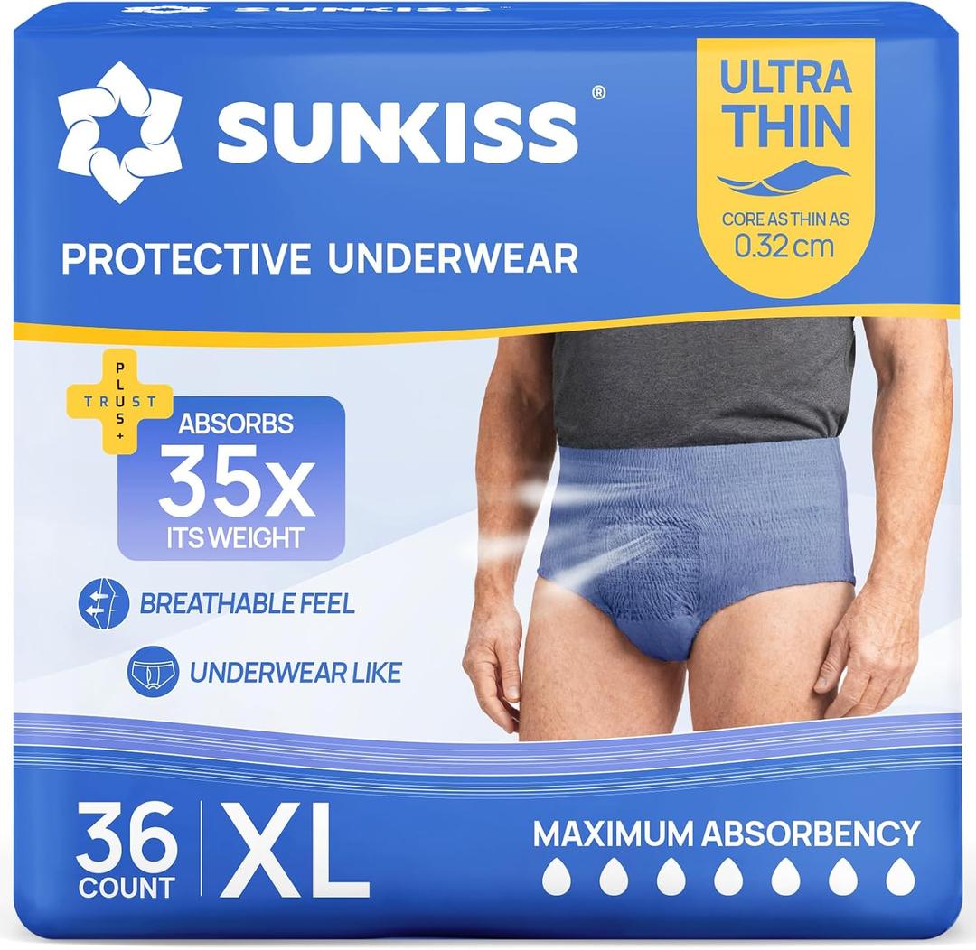 SUNKISS Ultra Thin Incontinence Underwear for Men, Mens Disposable Pull Ups, Fast Absorption & Leak Proof Protection, Moderate Absorbency, XLarge, Blue, 36 Count