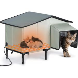 Heated Cat House Outdoor Cat House Insulated Large Elevated Weatherproof Feral Cat Shelter with Heated Pad, All-Round Insulated Cotton and Aluminum Foil Cat Shelter for Winter