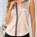 Avanova Women Contrast Trim Satin Silky Sleeveless Blouse Button Down Collar Shirt Business Casual Tank Tops Apricot Medium (Beige, M)