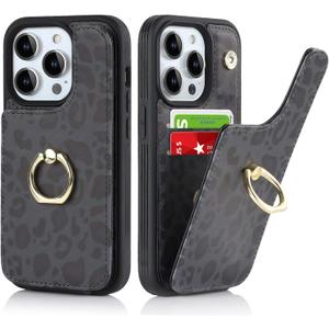 for iPhone 15 Pro Max Case with Card Holder,Credit Card Holder,Ring Stand Kickstand,Shockproof Cute Phone Wallet Case for Women(6.7 inch,Black Leopard)