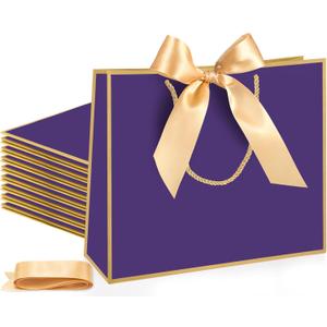 Silkfly 12 Pcs Thank You Gift Bags with Handle 12x10x4'' Welcome Bags Return Gifts with Bow Ribbon for Wedding Bridesmaid Baby Shower Housewarming Birthday Thanksgiving Christmas(Purple, Gold)