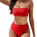 YACUN Women's High Waisted Bikini Swimsuit Two Piece Strapless Bandeau Cheeky Bathing Suits (Small, Red)
