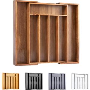 Bellsal Acacia Silverware Organizer Kitchen Drawer Organizer Expandable Bamboo Utensil Holder Cutlery Tray for Kitchen Utensil and Flatware Bedroom Office (7 Slots Expandable)