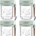 LANDNEOO 4 Pack Overnight Oats Containers with Lids and Spoons, 16 oz Glass Mason Jars with Airtight Lids, Overnight Oats Jars for Milk, Cereal, Fruit-Green