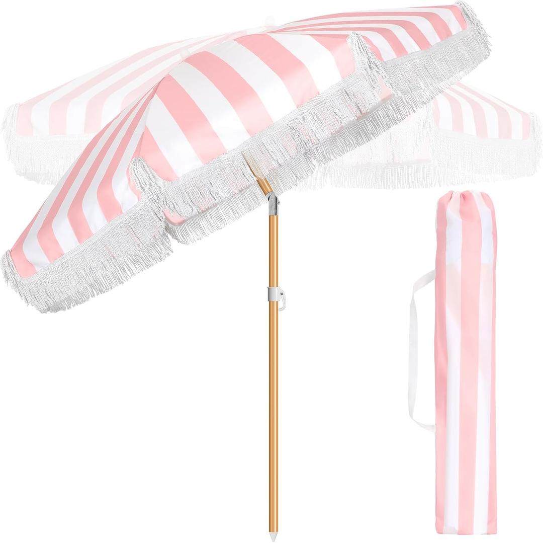 Talltalk 6 ft Outdoor Beach Patio Steering Umbrella with Fringe, Steel Pole, Steel Ribs and Carry Bag Elegant Table UPF 50+ UV Boho Umbrella for Outdoor Picnic Beach Backyard(Peach and White)