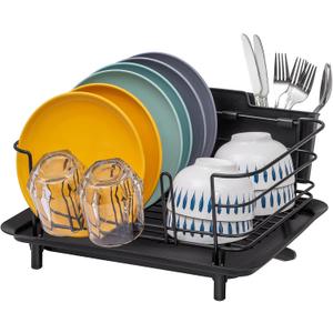 BRIAN & DANY Dish Drying Rack, Stainless Steel Dish Racks for Kitchen Counter, Dish Rack with Cutlery Holder & Drainboard, 15.5"x 11.8"x 8.58", Black