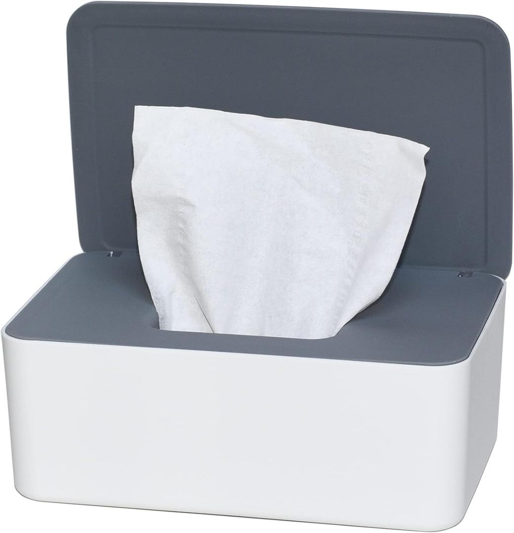 Diaper Wipes Dispenser, Tissue Storage Box Case, Wet Wipe Dispenser Holder with Lid for Home, Office, Cars (Gray-White)