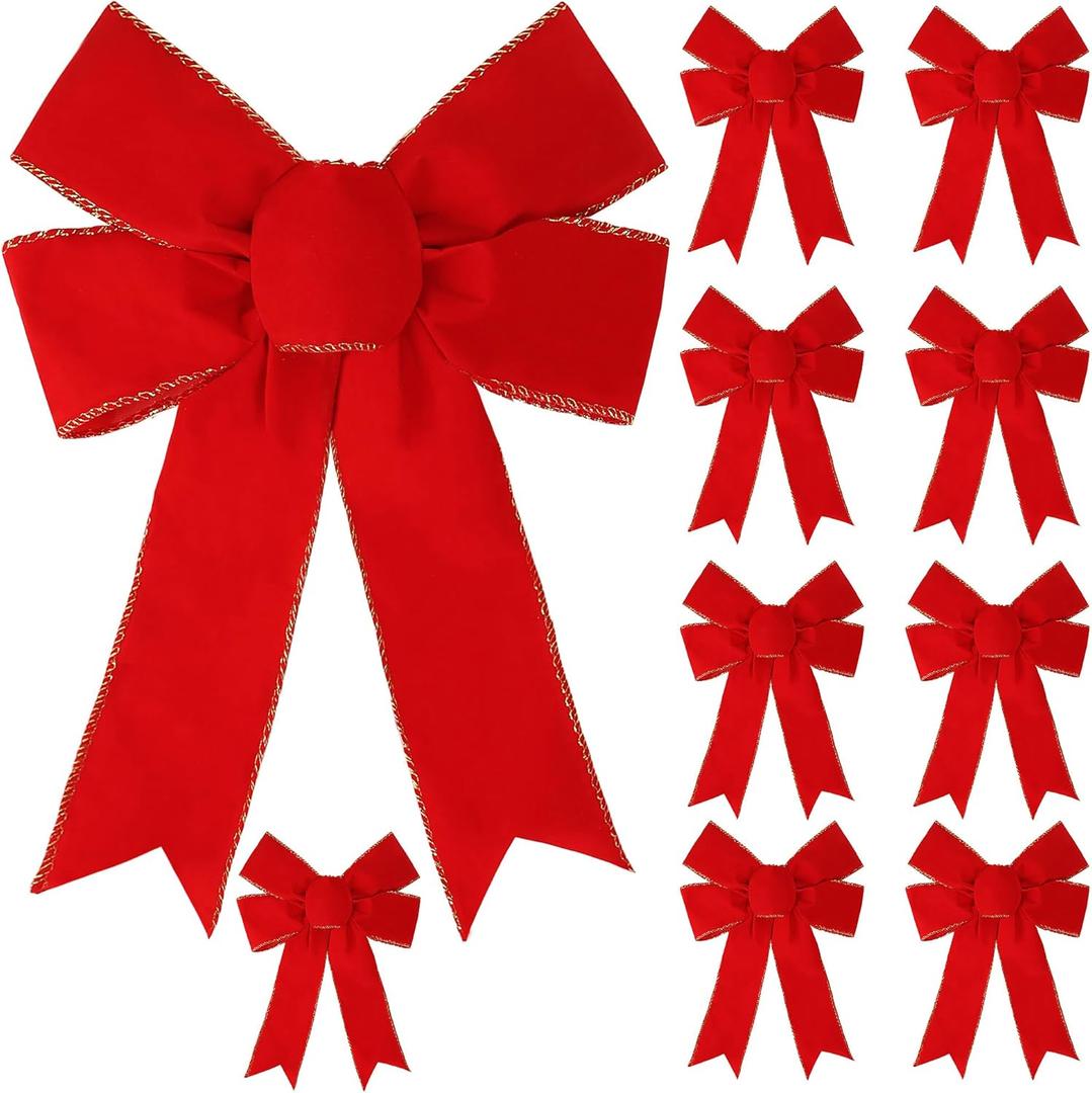 Sggvecsy 10 Pcs Christmas Red Bow 13 x 9 Inches Wreath Bows Christmas Velvet Bows Large Xmas Tree Decorations Gold Edge Hanging Ornaments Handmade Crafts for Home Indoor Outdoor Fence Stairs Railing