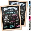 Loddie Doddie First & Last Day of School Sign Board - 14 x 11 in Light Wood Frame - Double-Sided Magnetic Chalkboard & 2 Liquid Chalk Markers - Classroom Sign & Photo Prop - Back to School Supplies