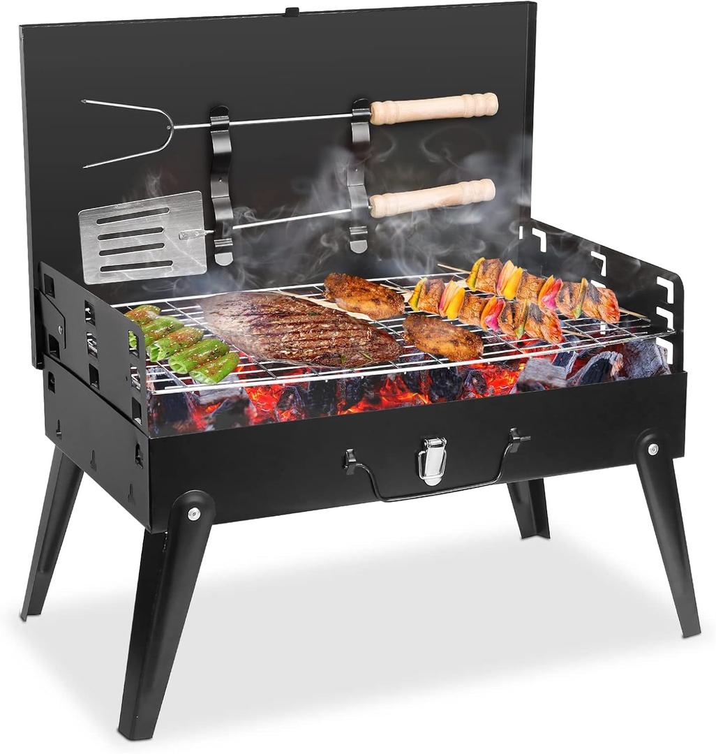 Portable Charcoal Grill, Small BBQ Grill Outdoor Folding Barbecue Grill with Barbecue Accessories & Lid, Foldable Camping Grill for Outdoor Cooking Camp Picnic Hiking Beach Patio Smokers (17" X 10" X 18")