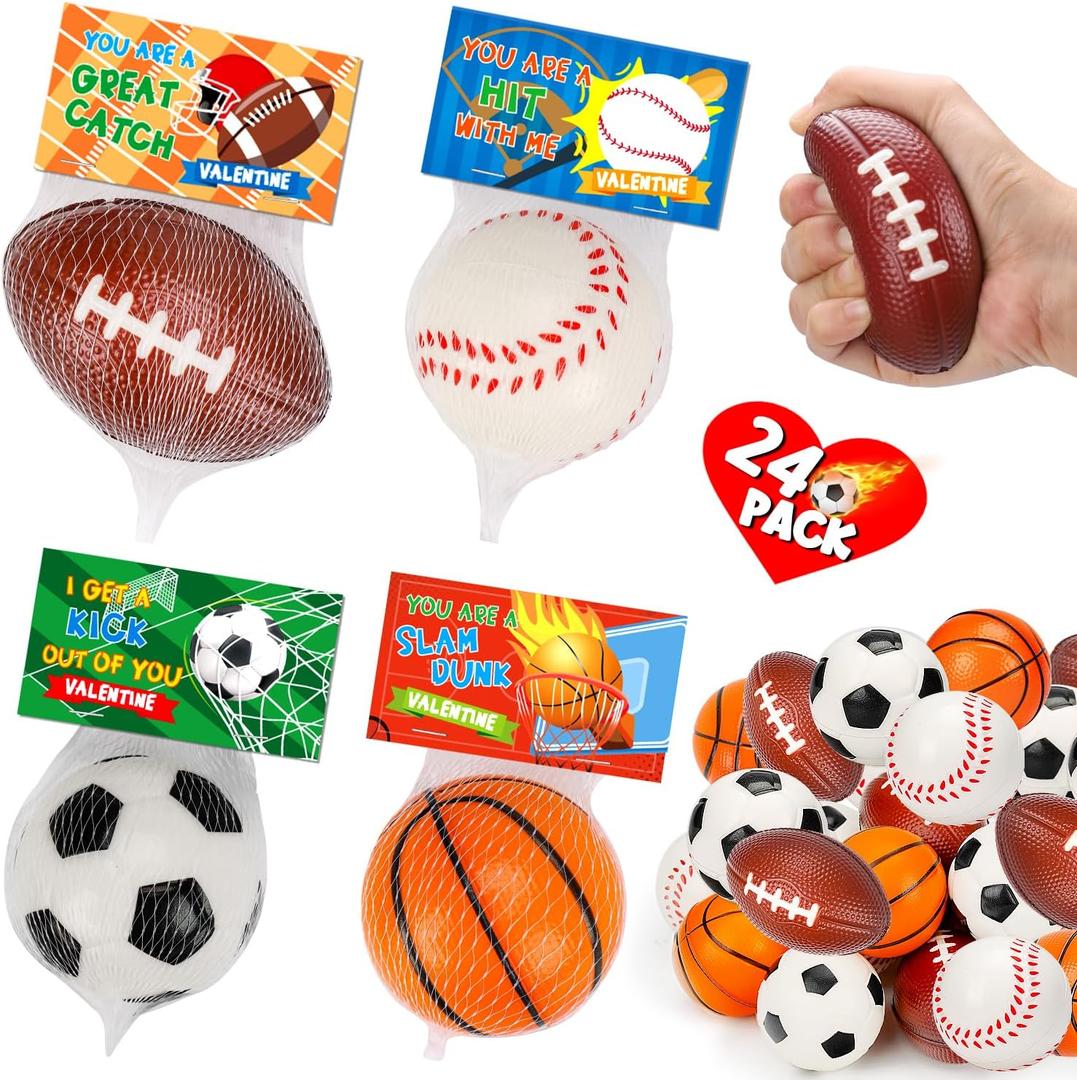 24PCS Sports Stress Balls Valentines Day Cards for Kids School Classroom Boys Girl Toddler Valentine Day Exchange Gifts Card Basketball Football Soccer Valentines Party Favors Prize Treat Bag Stuffer