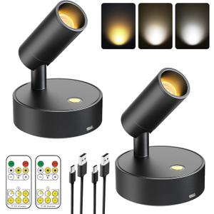 Olafus LED Spotlight Indoor, Rechargeable Battery Uplighting Indoor with TimerDimmable Remote, 3CCT Picture Lights for Wall, Wireless Accent Light for Plants Artwork Painting, 2 Pack Black