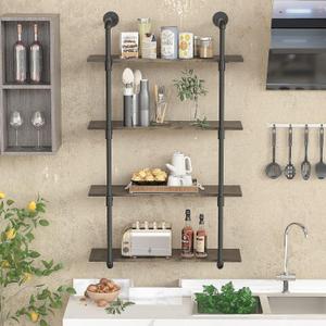 Gezen Industrial Pipe Shelving Metal Floating Shelves, Rustic Wood Ladder Bookshelf Wall Mounted Shelf Storage Bookcase for Living Room, Kitchen, Bathroom (4 Tier)