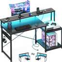 AODK Computer Desk, 48 Inch Gaming Desk with Led Lights & Power Outlet, Office Desk with Printer Storage Shelves, Reversible Desk with Monitor Shelf & Headphone Hook, Carbon Fiber Black