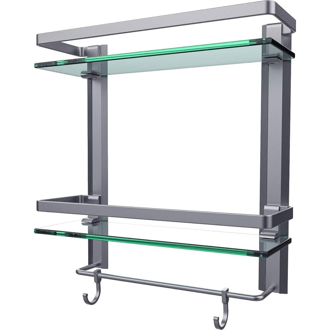 Vdomus Glass Bathroom Wall Organizer - 2-Tier Glass Shelf with Integrated Towel Bar - Wall Mounted Shower Storage - 15.2 by 5 inches - Brushed Silver Finish