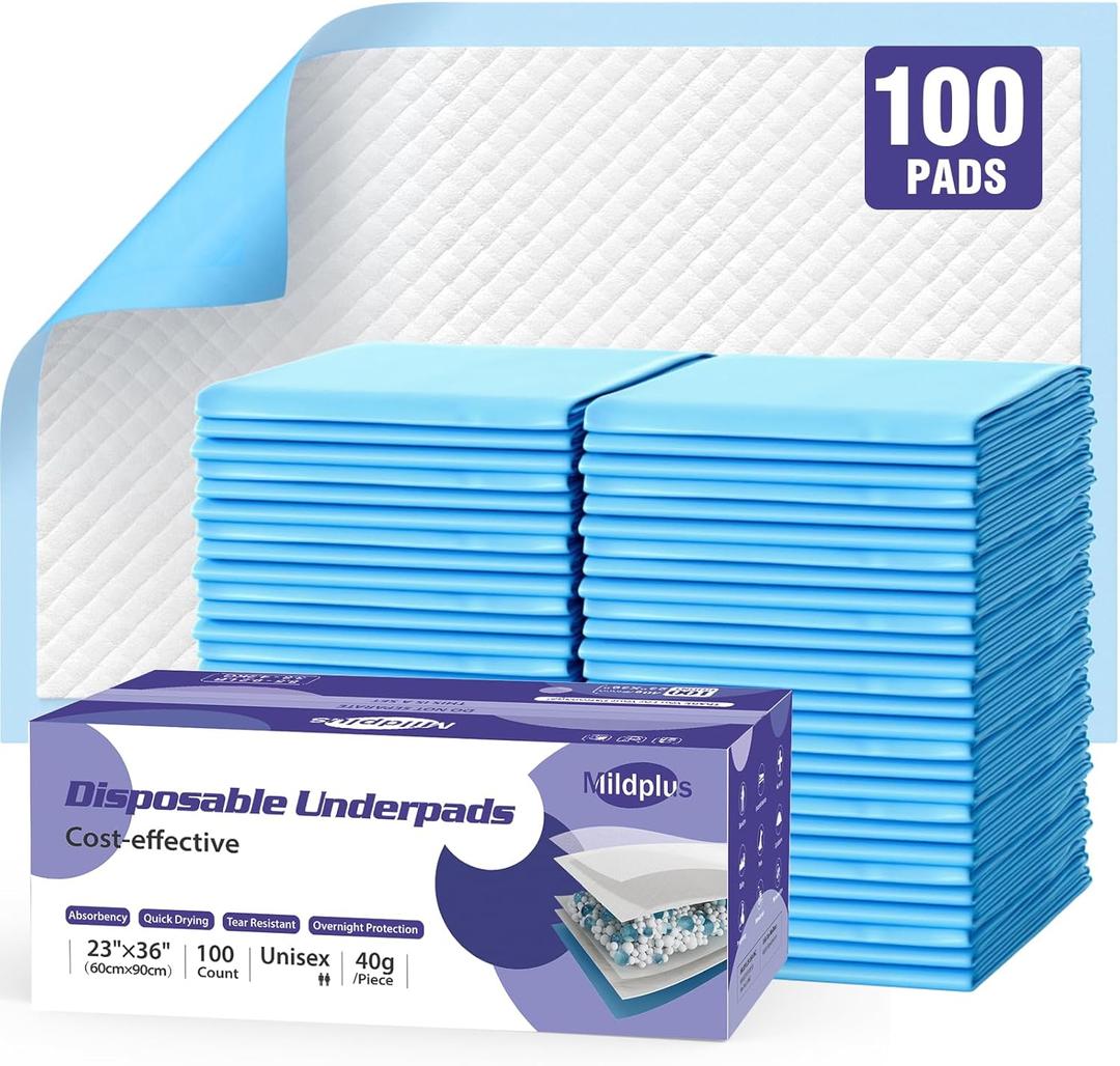MILDPLUS Disposable Pads 23"×36" (100pcs) Moderate Absorbent Underpads Incontinence Bed Pads Disposable Chucks, Pee Pads for Kids, Adults and Pet