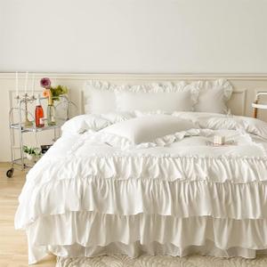 IHOUSTRIY Ruffle Duvet Cover Queen Size,100% Washed Microfiber 3pcs Bedding Duvet Cover Set, Shabby Chic Farmhouse Duvet Cover and Pillow Shams, Zipper Closure & Corner Ties, Easy Care, White - Queen