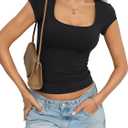 EasyGala Womens Cotton Square Neck Short Sleeve Shirts Slim Fit Cap Sleeve Tops Summer Basic Low Cut Tee Fashion Clothes (S)