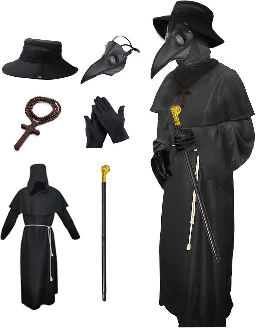 Nicexx Plague Doctor Mask Costumes Set 6 in 1 Halloween Beak Mask Plague Dr Outfit for Adults (XX-Small)