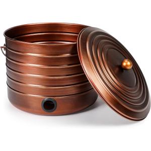 Garden Hose Pot with Lid and Handle, Matte Brass Ribbed Steel Garden Hose Holder Water Hose Storage Container for Outside Backyard Patio, Holds 100ft Hose