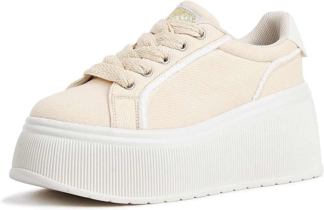 LUCKY STEP Women's Platform Fashion Sneakers Classic Wedge Canvas Casual Low Top Retro Walking Shoes, US 7