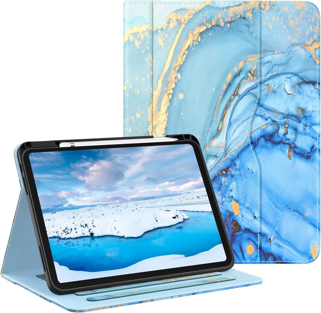 OKP Case for iPad 11-inch (A16) 2025 / 10th Generation 2022, for ipad 11th /10th 10.9 inch with Multi-Angle Viewing PU Leather Stand Cover with Pencil Holder & Pocket, Auto Sleep/Wake, Marble Blue