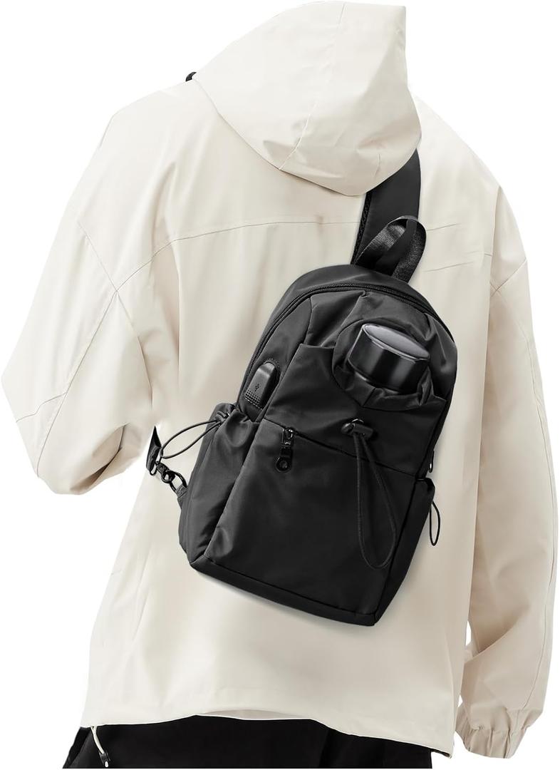 SEAFEW Black Sling Crossbody Bag for Men Women, Tactical Backpack Shoulder Daypack Mini Anti-Theft Cross Body Motorcycle Chest Bags, Small One Strap Fanny Back Pack for Casual Travel Hiking Sport Gym