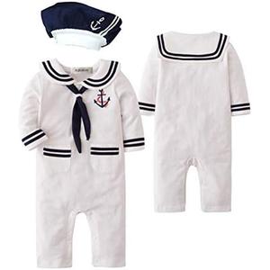 stylesilove.com Baby Boy Marine Sailor Cotton Romper Onesie with Hat and Necktie 3pcs Holiday Outfit 70