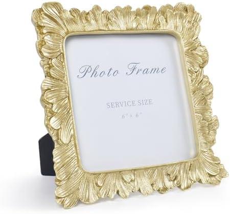Cuspin 6x6 Gold Picture Frame, Vintage Gold Palm Leaves Textured Hand-Crafted Resin Frames with Glass Front, Retro Square Photo Frame for Wall and Tabletop Display Home Decor