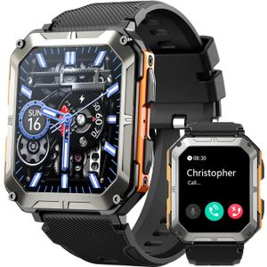 Smart Watch, Bluetooth Call(Answer/Make Call) Mens Watches, Christmas/Birthday Gifts for Men, Military Rugged Smart Watches, HD Touch Screen, Fitness Watch for Android iOS, Activities Tracker (Orange)