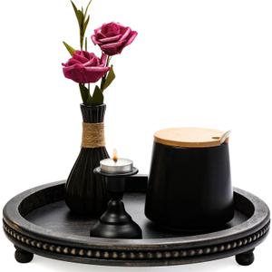 KULEDM Wooden Tray Decor, Small Beaded Coffee Table Tray Decor, Black Round Decorative Tray for Coffee Table, Dining Room Table Entryway and Living Room Table