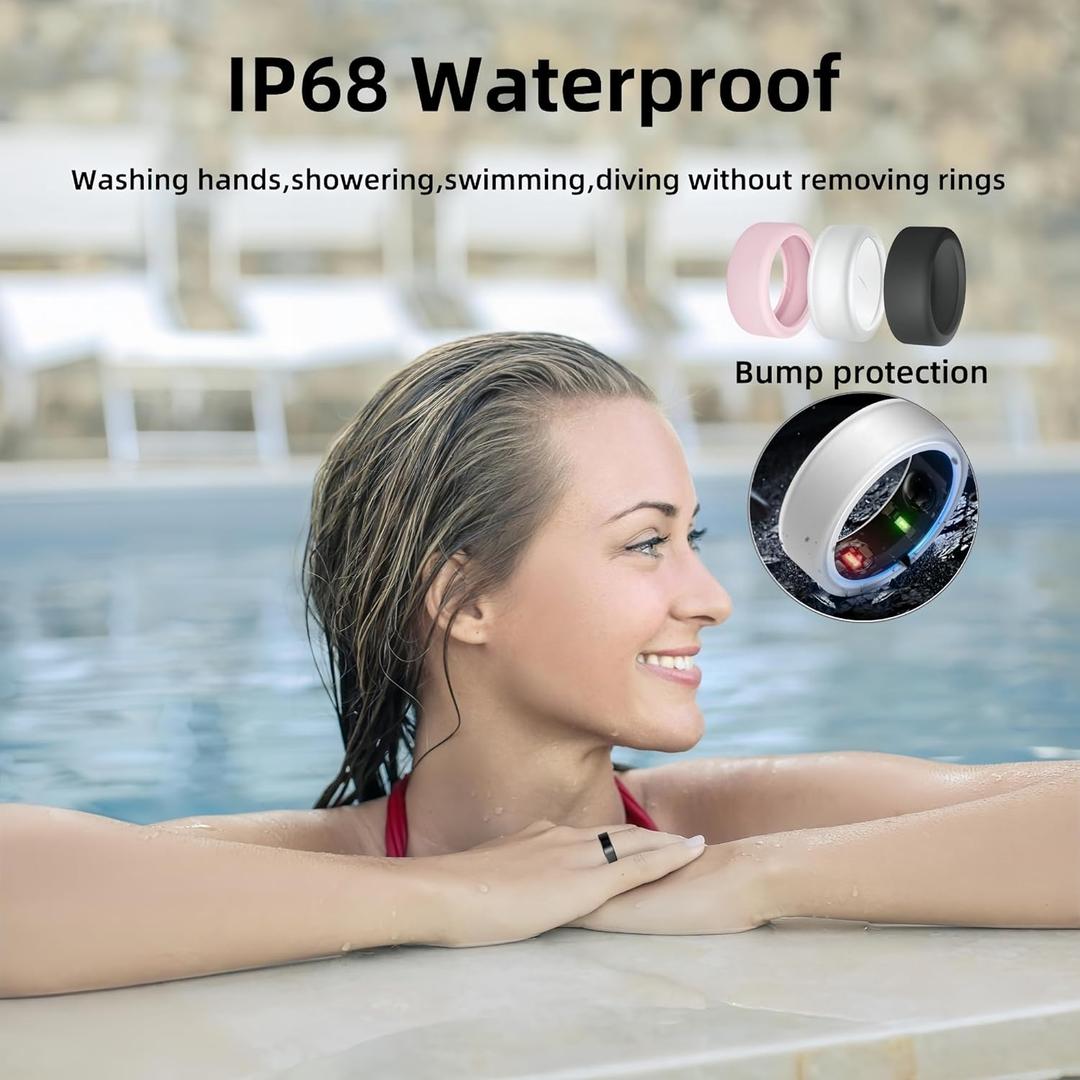Smart Ring for Women Men, Health Fitness Tracker Rings, IP68 Waterproof, Long Lasting Batteries Sleep Ring with Charging Case and Protector, Remote Photography, No App Fees (Silver, 8#)