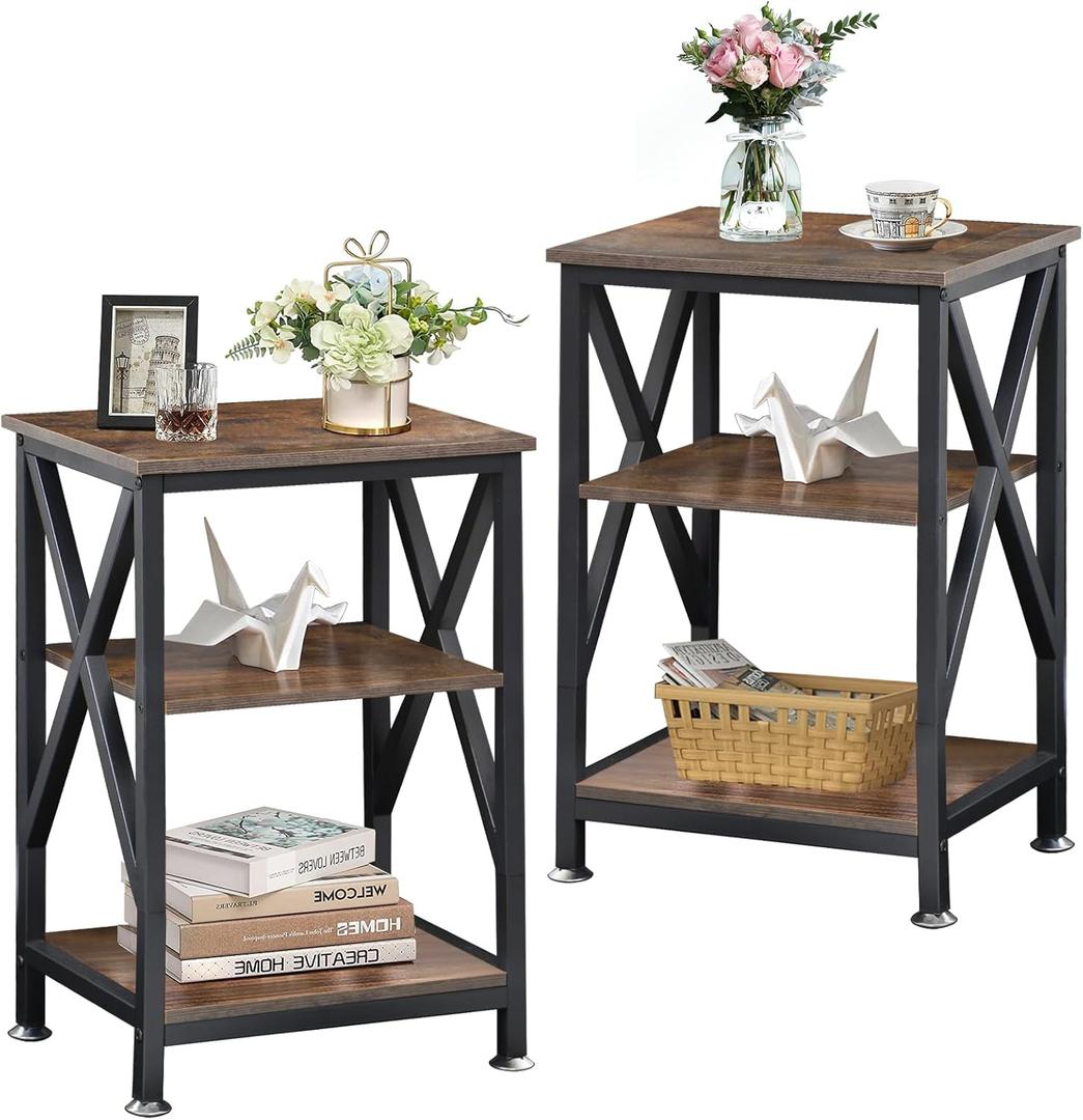 End Tables Living Room Set of 2 Farmhouse, Side Table with Storage Shelf, 16" W x 12" D x 24" H, X-Shaped Night Stands for Bedrooms, Espresso Side Table, End Tables Wood and Metal